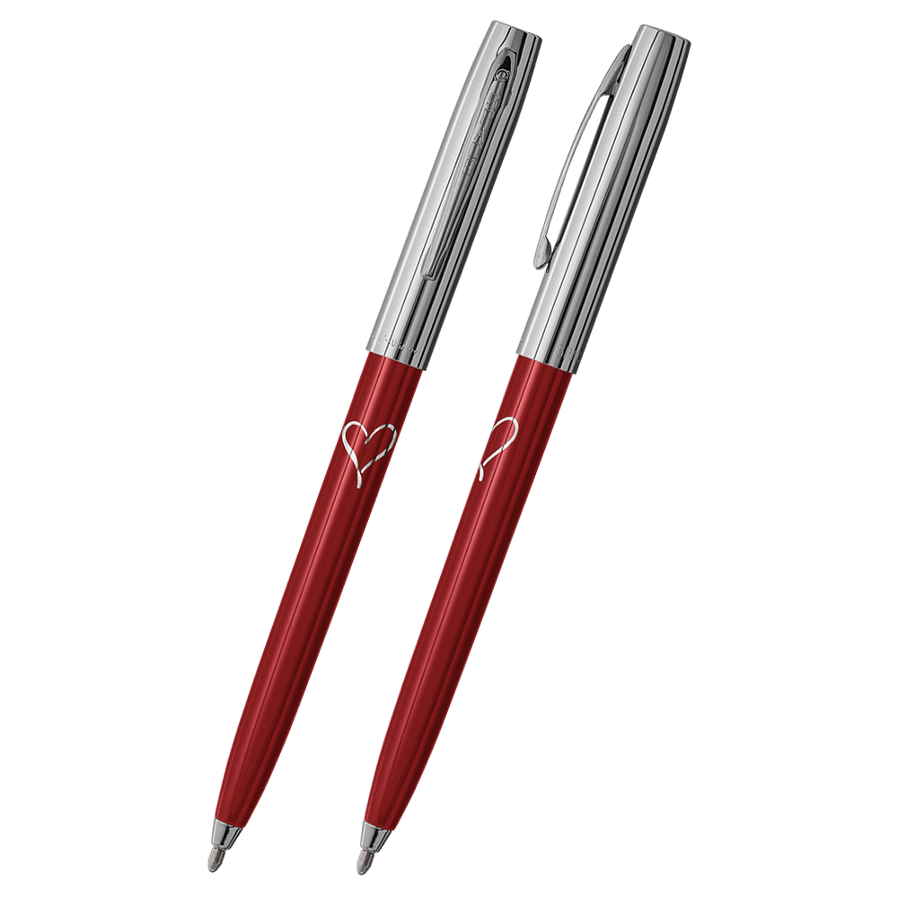 Front and side views of cap-o-matic space pen with red plastic barrel, chrome cap with clip, chrome tip, and imprinted silver heart.