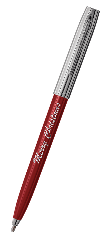 Cap-o-matic space pen with red plastic barrel, chrome cap with clip, chrome tip, and imprinted silver Merry Christmas.