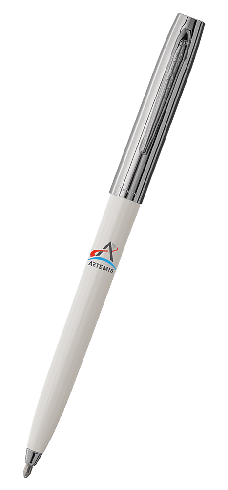 Cap-o-matic space pen with white plastic barrel, chrome cap with clip, chrome tip, and imprinted Artemis logo.