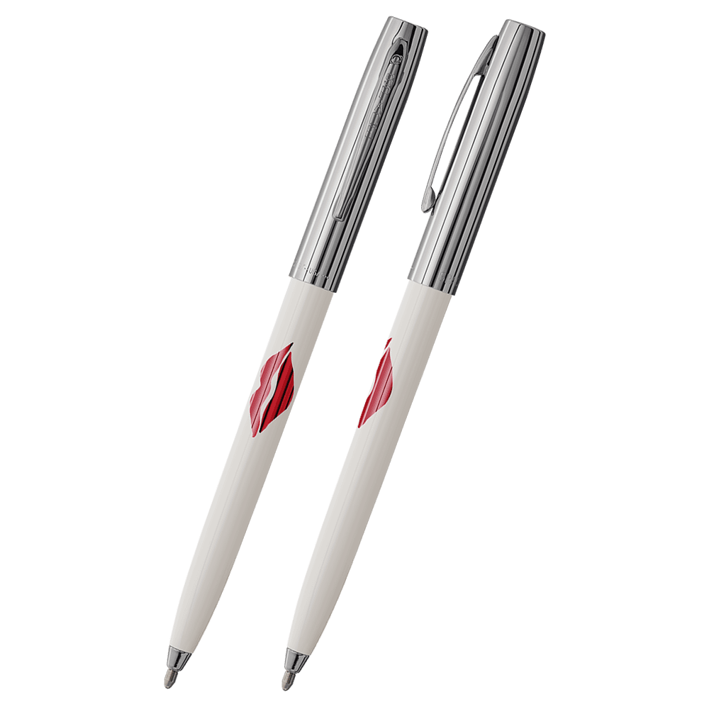 Front and side views of cap-o-matic space pen with white plastic barrel, chrome cap with clip, chrome tip, and imprinted red kiss.