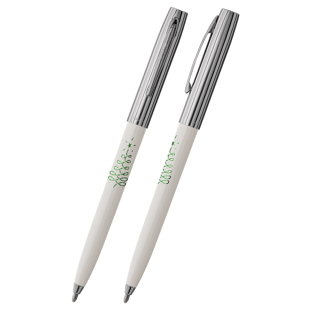 Front and side views of cap-o-matic space pen with white plastic barrel, chrome cap with clip, chrome tip, and imprinted green looped Christmas tree.