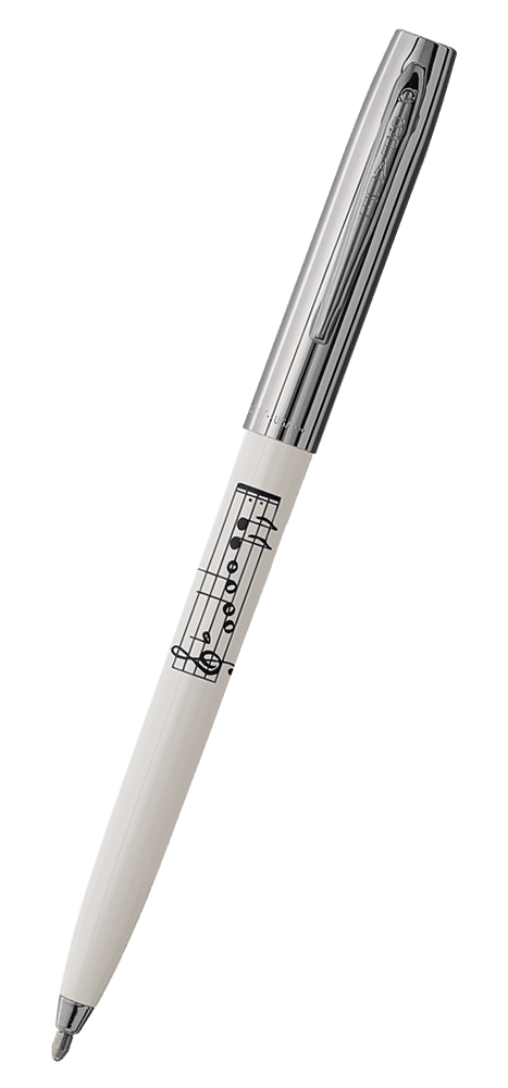 Cap-o-matic space pen with white plastic barrel, chrome cap with clip, chrome tip, and imprinted black musical bar and notes.