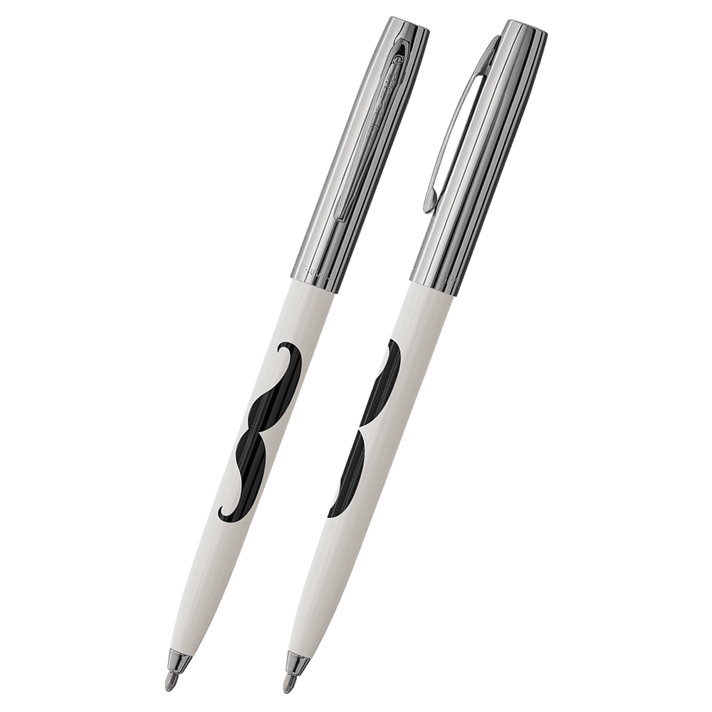 Front and side views of cap-o-matic space pen with white plastic barrel, chrome cap with clip, chrome tip, and imprinted black mustache.