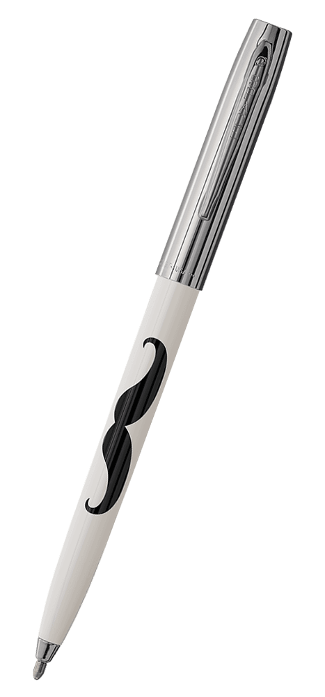 Cap-o-matic space pen with white plastic barrel, chrome cap with clip, chrome tip, and imprinted black mustache.