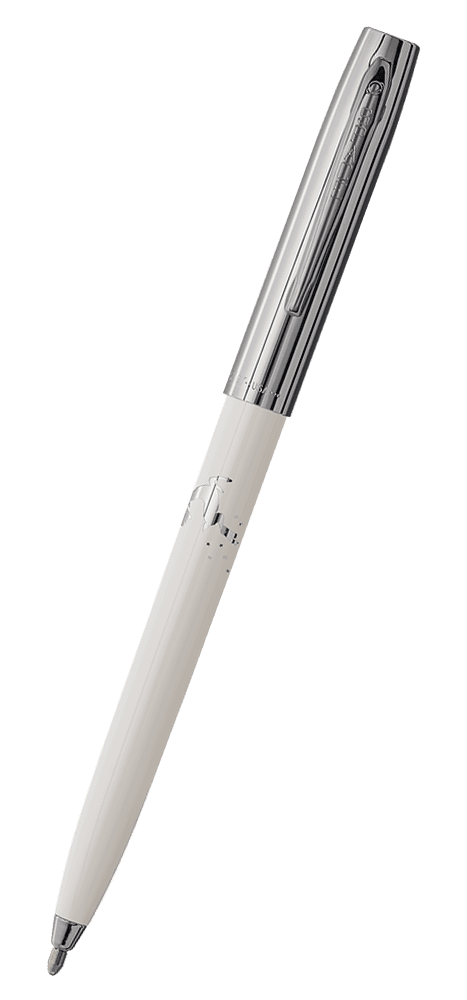 Cap-o-matic space pen with white plastic barrel, chrome cap with clip, chrome tip, and imprinted silver reindeer.