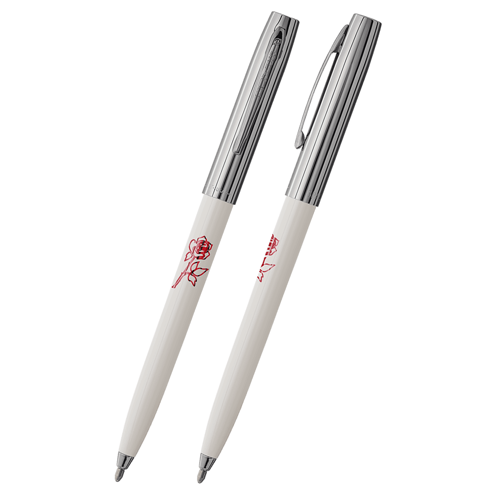 Front and side views of cap-o-matic space pen with white plastic barrel, chrome cap with clip, chrome tip, and imprinted red rose.