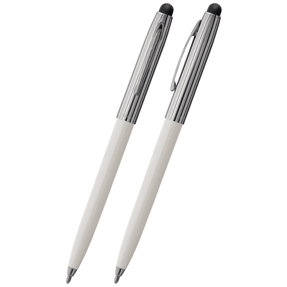 Front and side views of cap-o-matic space pen with white plastic barrel, chrome cap with clip, chrome tip, and black rubber stylus.