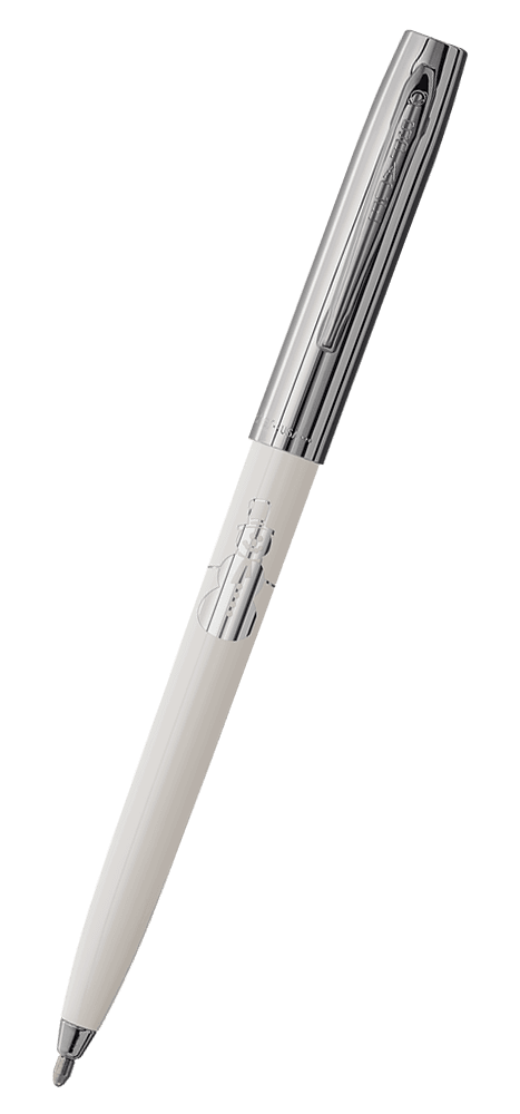 Cap-o-matic space pen with white plastic barrel, chrome cap with clip, chrome tip, and imprinted silver snowman.