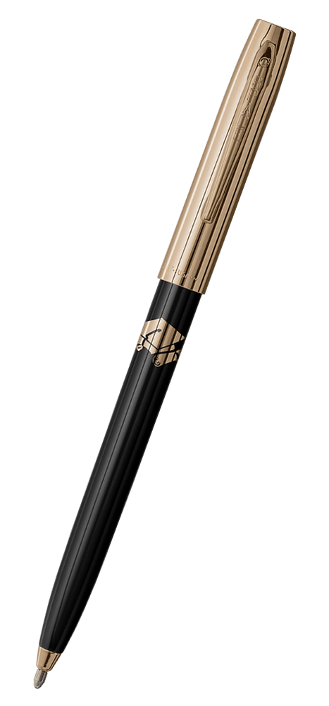 Cap-o-matic space pen with black plastic barrel, gold colored cap with clip, gold colored tip, and imprinted gold cap and diploma.