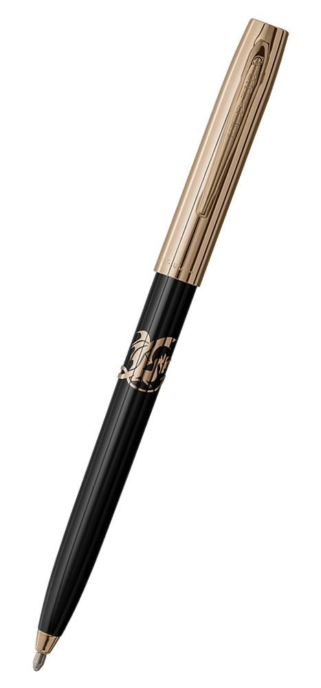 Cap-o-matic space pen with black plastic barrel, gold colored cap with clip, gold colored tip, and imprinted gold dragon.