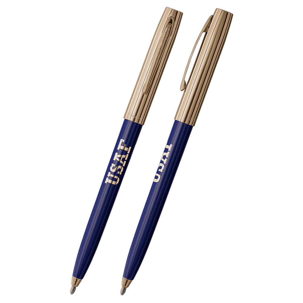 Front and side views of cap-o-matic space pen with blue plastic barrel, gold colored cap with clip, gold colored tip, and imprinted gold US Air Force USAF.
