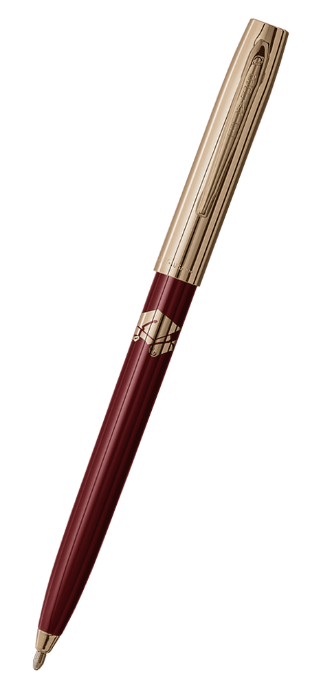 Cap-o-matic space pen with burgundy plastic barrel, gold colored cap with clip, gold colored tip, and imprinted gold cap and diploma.