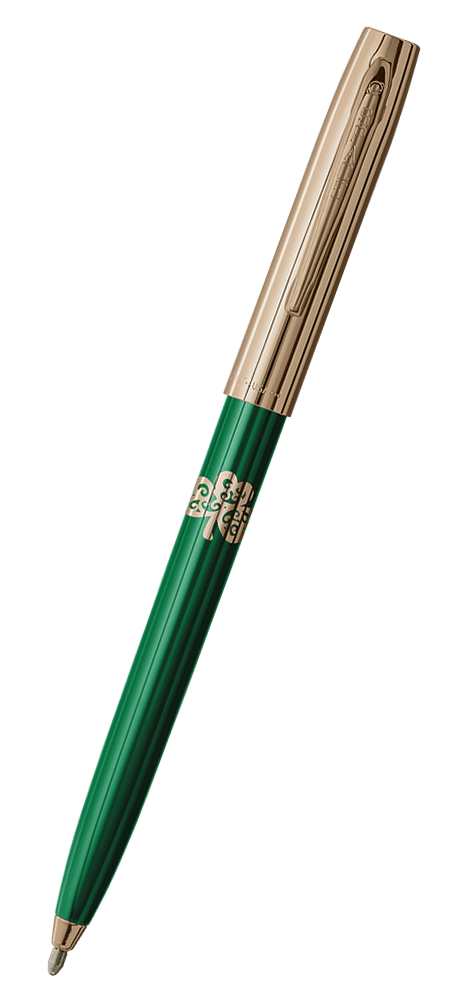 Cap-o-matic space pen with green plastic barrel, gold colored cap with clip, gold colored tip, and imprinted gold shamrock.