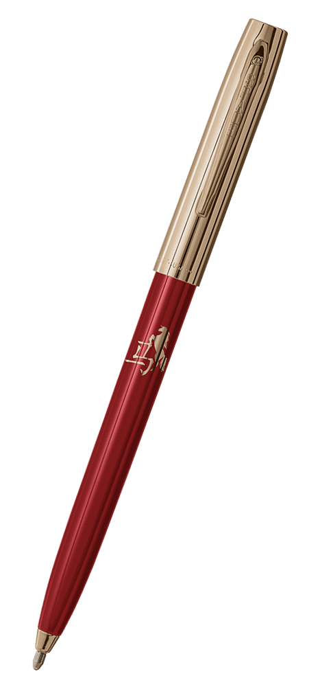 Cap-o-matic space pen with red plastic barrel, gold colored cap with clip, gold colored tip, and imprinted gold Chinese character and horse.