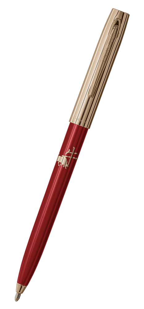 Cap-o-matic space pen with red plastic barrel, gold colored cap with clip, gold colored tip, and imprinted gold Chinese character and ox.