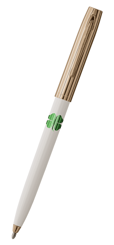 Cap-o-matic space pen with white plastic barrel, gold colored cap with clip, gold colored tip, and imprinted green four leaf clover.
