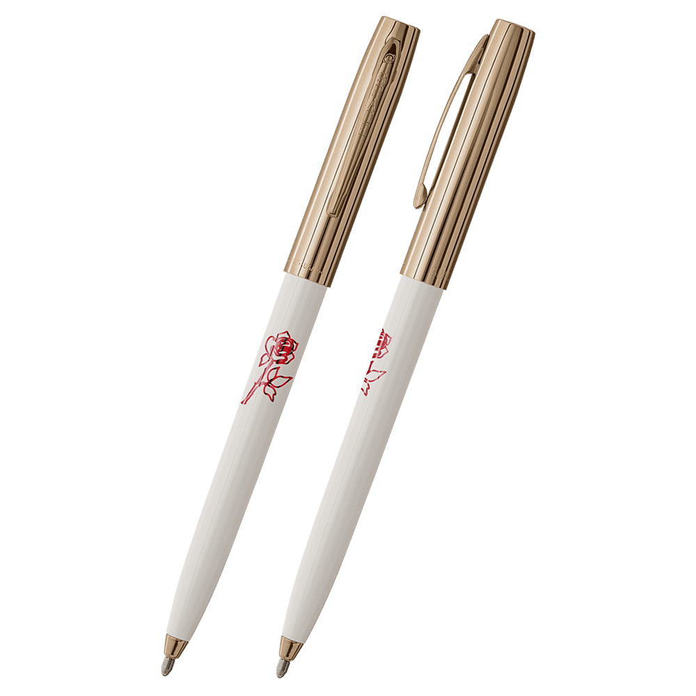 Front and side views of cap-o-matic space pen with white plastic barrel, gold colored cap with clip, gold colored tip, and imprinted red rose.