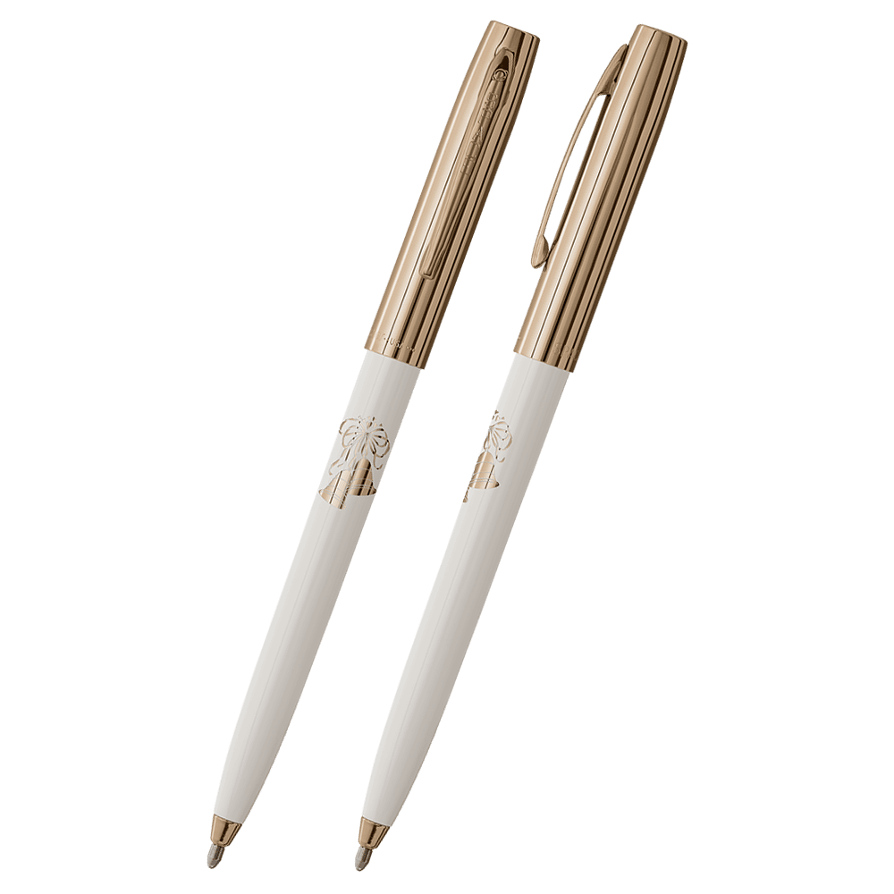 Front and side views of cap-o-matic space pen with white plastic barrel, gold colored cap with clip, gold colored tip, and imprinted gold wedding bells.