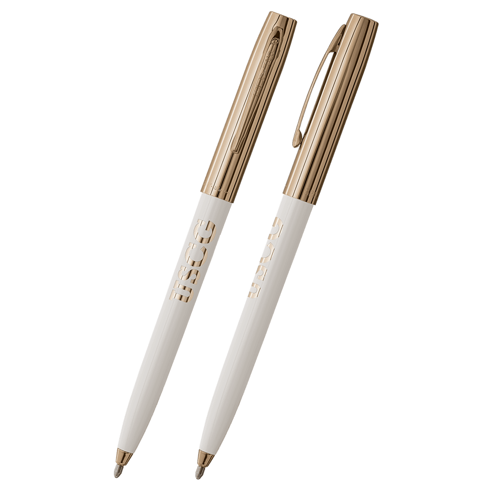 Front and side views of cap-o-matic space pen with white plastic barrel, gold colored cap with clip, gold colored tip, and imprinted gold US Coast Guard USCG.
