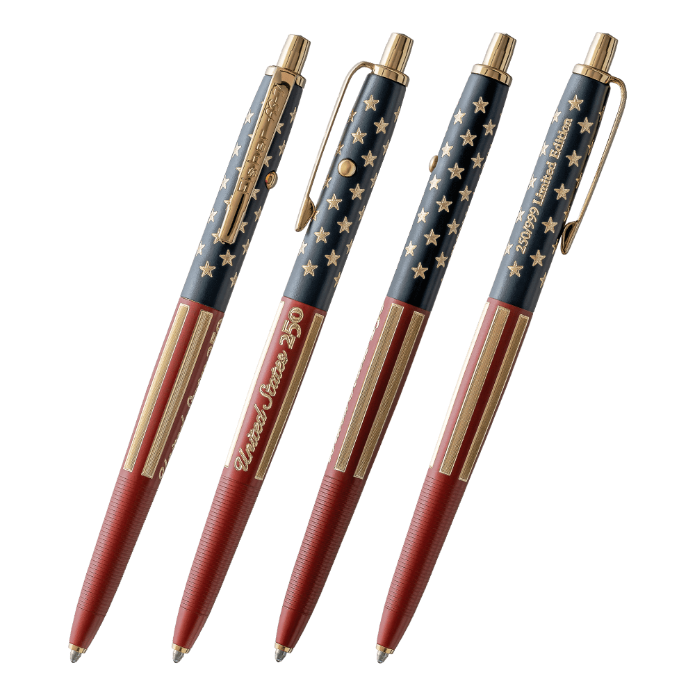 Multiple views of the America 250 Limited Edition AG7 Original Astronaut Space Pen featuring patriotic stars-and-stripes engraving, Elite Navy and USMC Red Cerakote finish, and gold “United States 250” detailing.