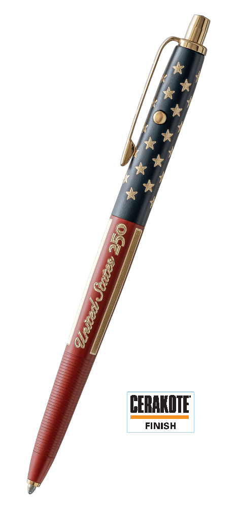 America 250 Limited Edition AG7 Original Astronaut Space Pen featuring a patriotic stars-and-stripes design in Elite Navy and USMC Red Cerakote with gold accents and engraved “United States 250” detailing.