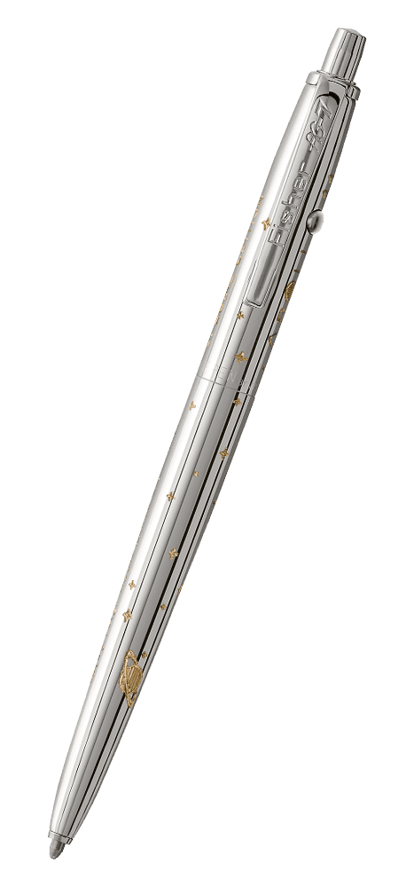 AG7-50 Original Astronaut Space Pen in chrome. The clip is stamped Fisher AG-7. The button to extract the refill is on the end of the pen, the retract button is on the side of the pen near the clip. Engraving includes the Columbia Command and Service Modu