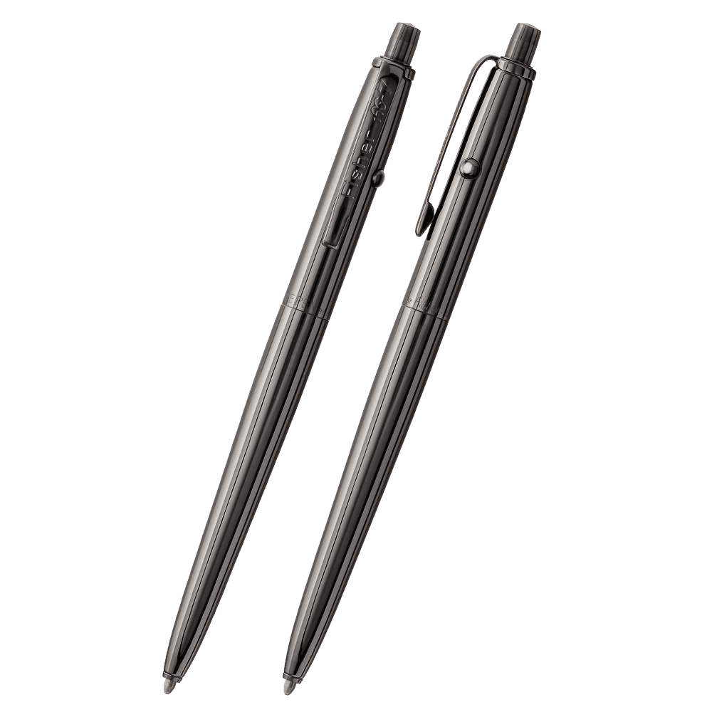 Front and side views of the AG7-BTN Dark Matter Astronaut Space Pen in black titanium nitride. The clip is stamped Fisher AG-7. The button to extract the refill is on the end of the pen, the retract button is on the side of the pen near the clip.