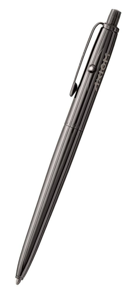AG7-BTN-AXM Dark Matter Black Titanium Nitride Astronaut Space Pen, Axiom Space. The button to extract the refill is on the end of the pen, the retract button is on the side of the pen near the clip. The Axiom Space logo is near the retract button.