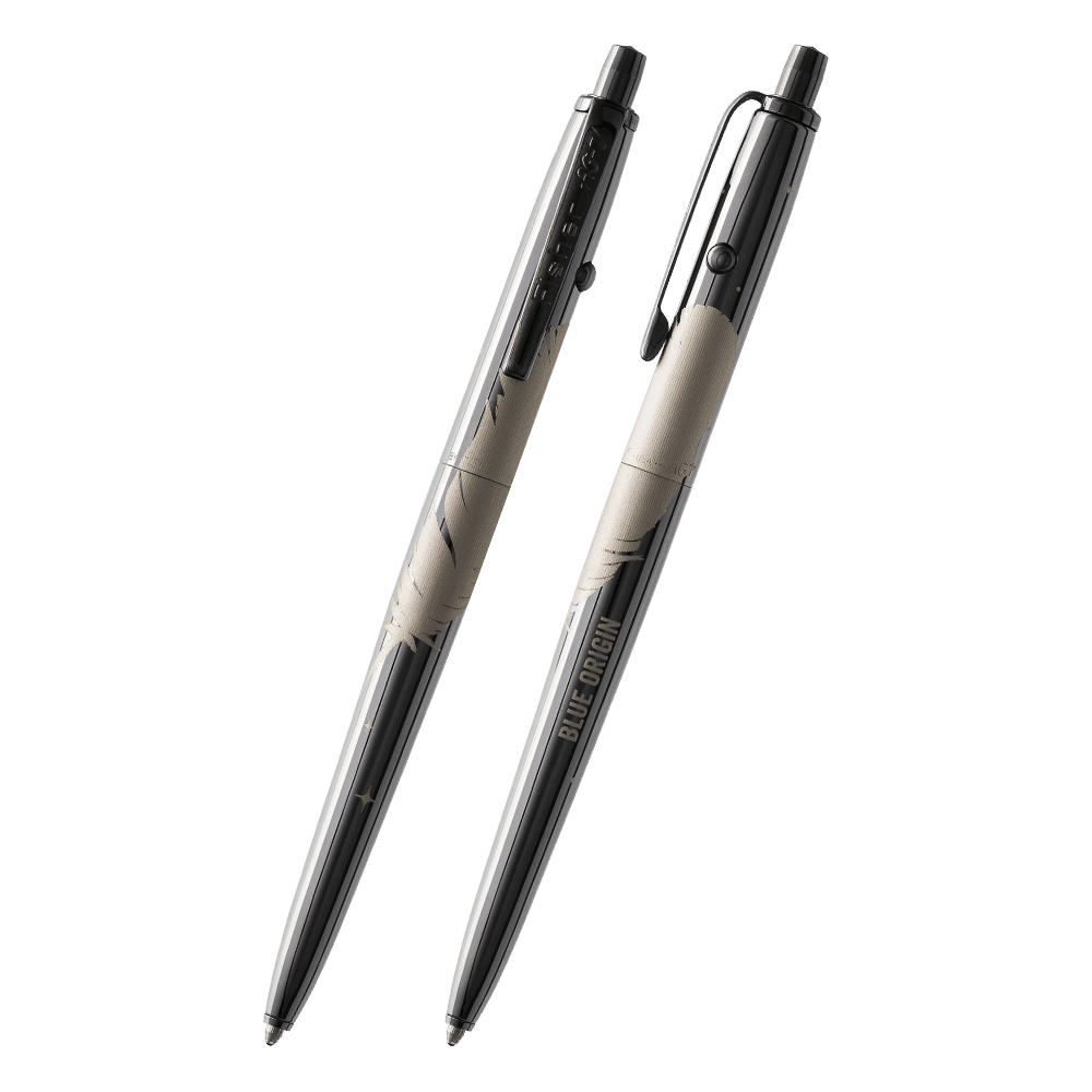 Front and side views of the AG7-BTN/FS-BO Dark Matter Black Titanium Nitride Astronaut Space Pen, Blue Origin Special Edition The clip is stamped Fisher AG-7. The button to extract the refill is on the end of the pen, the retract button is on the side of
