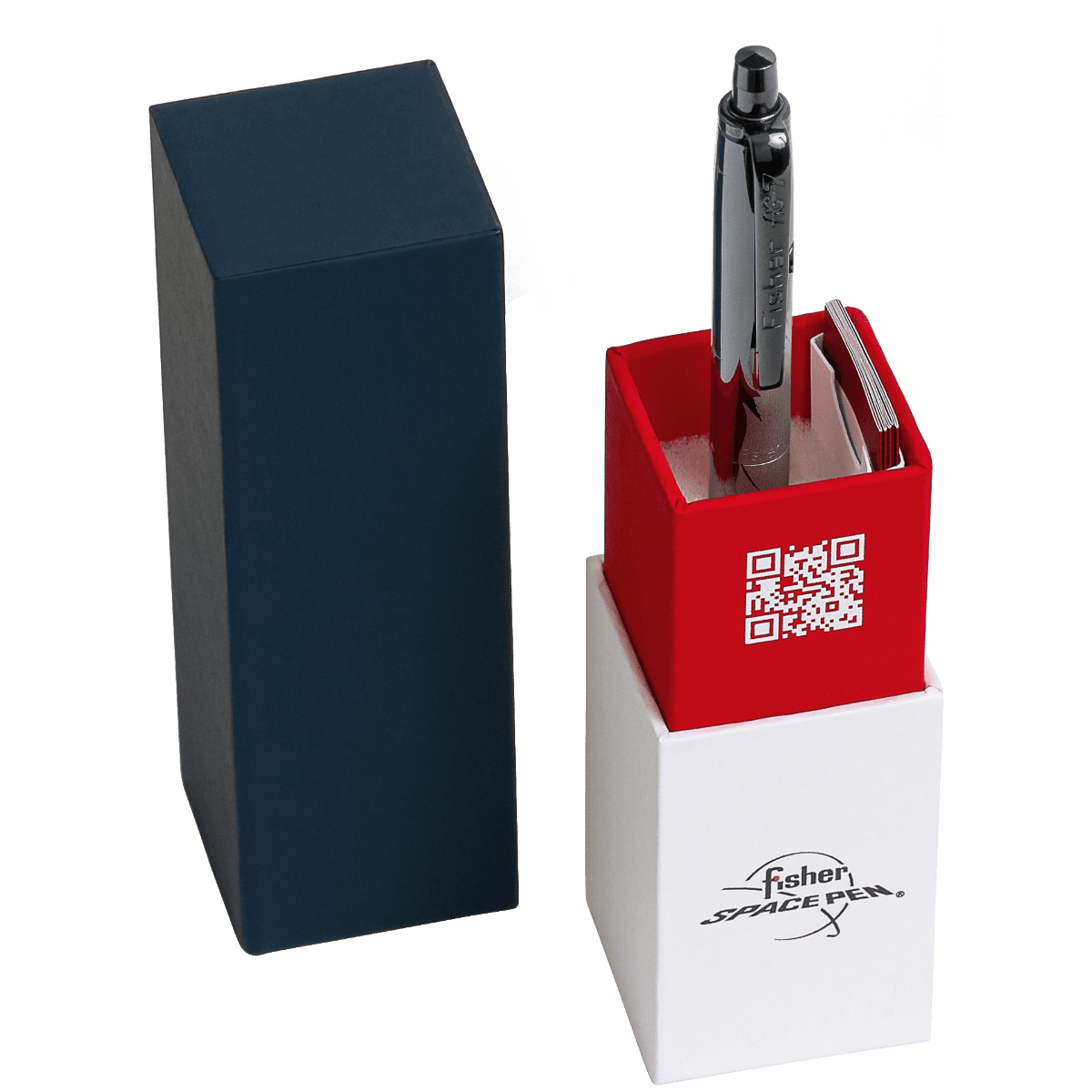 AG7-BTN Dark Matter Astronaut Space Pen in black titanium nitride in its gift box. The bottom of the box is white with the Fisher Space Pen logo. The pen is inserted into the red portion that is imprinted with the Fisher Space Pen QR code. The lid of the