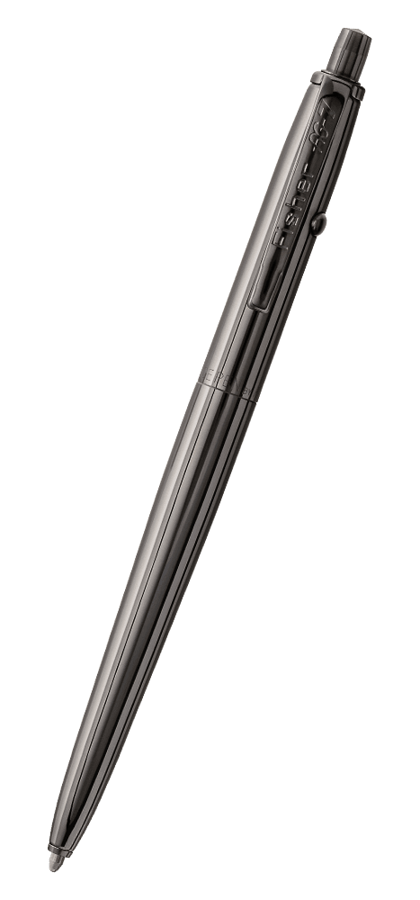 AG7-BTN Dark Matter Astronaut Space Pen in black titanium nitride. The clip is stamped Fisher AG-7. The button to extract the refill is on the end of the pen, the retract button is on the side of the pen near the clip.