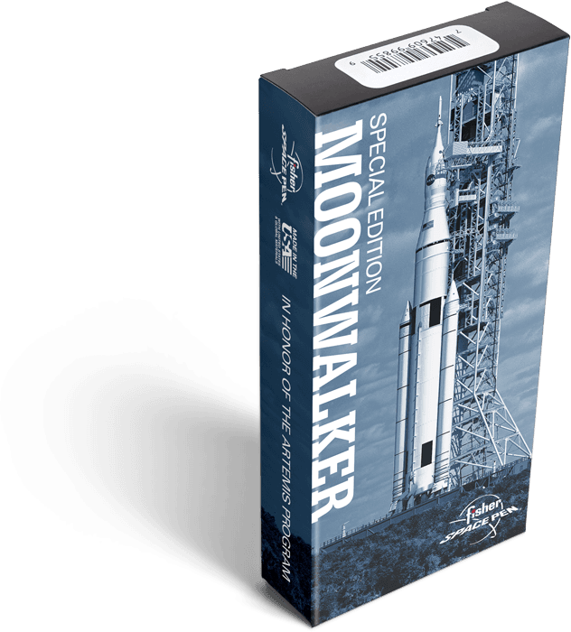 Sleeve for AG7-MW gift box featuring the Saturn V rocket on a launch pad. Written vertically on the left is Special Edition Moonwalker. The Fisher Space Pen logo is in the bottom right corner.