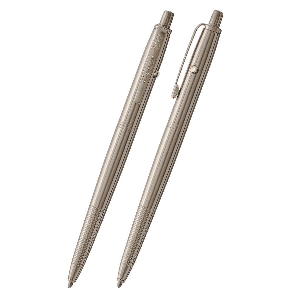 Front and side views of the AG7-MW Moonwalker Nickel Titanium Nitride Astronaut Space Pen. The clip is stamped Fisher AG-7. The button to extract the refill is on the end of the pen; the retract button is on the side of the pen near the clip. The finger g