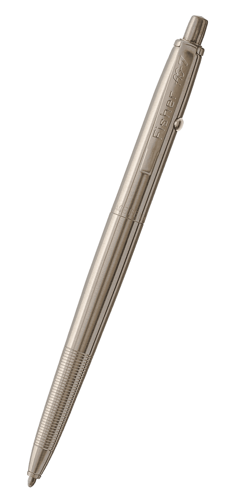 AG7-MW Moonwalker Nickel Titanium Nitride Astronaut Space Pen. The clip is stamped Fisher AG-7. The button to extract the refill is on the end of the pen, the retract button is on the side of the pen near the clip. The finger grip is knurled.