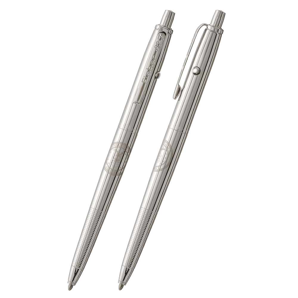 Front and side views of the AG7-AF Original Astronaut Space Pen in chrome with US Air Force insignia. The clip is stamped Fisher AG-7. The button to extract the refill is on the end of the pen, the retract button is on the side of the pen near the clip. E
