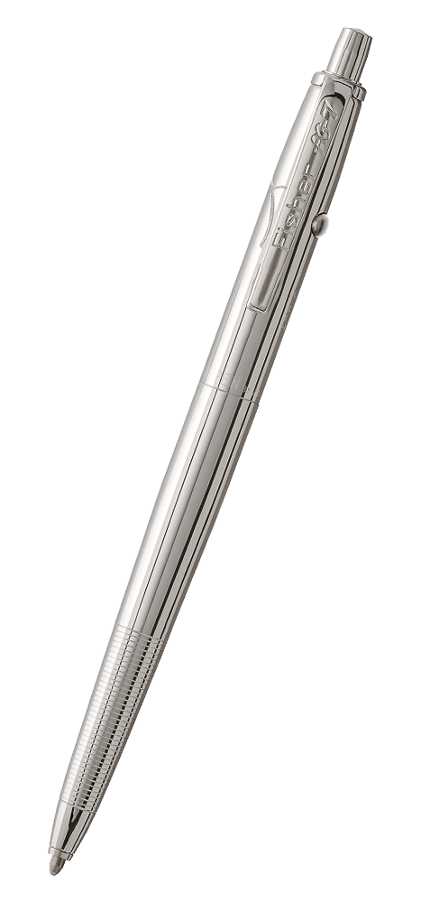 AG7E Original Astronaut Space Pen in chrome. The clip is stamped Fisher AG-7. The button to extract the refill is on the end of the pen, the retract button is on the side of the pen near the clip. On the side of the cap opposite the retract button is an e