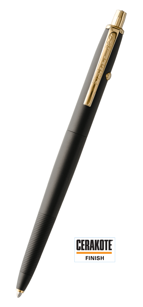 Front view of AG7H-146/GTN in Graphite Black Cerakote with Gold Buttons, Clip, and Tip Accents