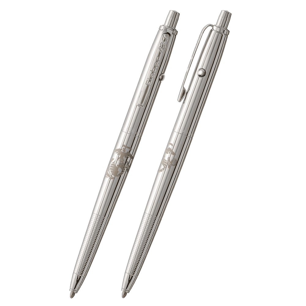 Front and side views of the AG7-MC Original Astronaut Space Pen in chrome with the US Marine Corps emblem. The clip is stamped Fisher AG-7. The button to extract the refill is on the end of the pen, the retract button is on the side of the pen near the cl