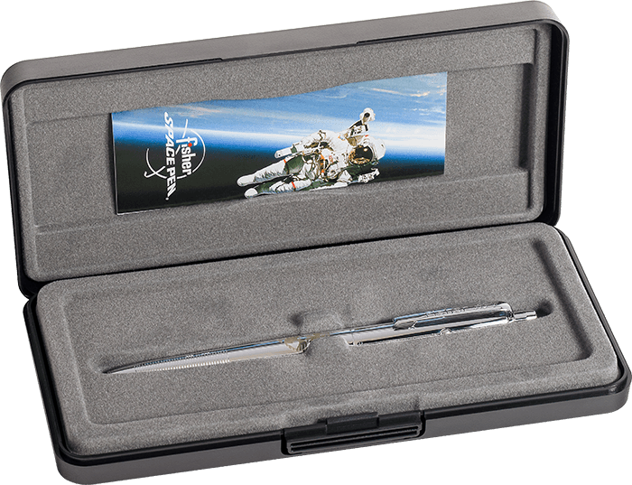 Chrome AG7-MC Original Astronaut Space Pen with US Marine Corps emblem in its gift box. The outside of the box is black plastic. The inside has a flocked gray lining. Inside the lid is a Fisher Space Pen leaflet featuring an astronaut in space with Earth