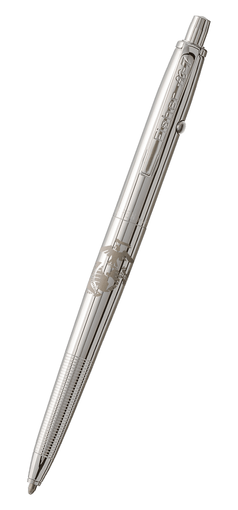 AG7-MC Original Astronaut Space Pen in chrome with the US Marine Corps emblem. The clip is stamped Fisher AG-7. The button to extract the refill is on the end of the pen, the retract button is on the side of the pen near the clip. Engraved with US Marine
