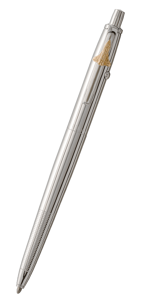 AG7SH Original Astronaut Space Pen in chrome. The clip has a gold space shuttle emblem attached. The button to extract the refill is on the end of the pen, the retract button is on the side of the pen near the clip. The finger grip area is knurled.