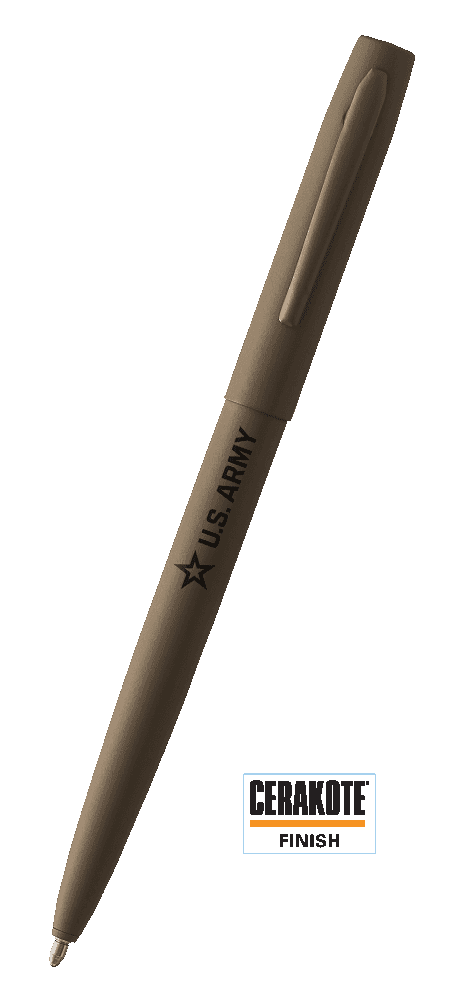 M4H-265-STAR/USAR Cap-o-Matic Space Pen in Flat Dark Earth Cerakote. The pen is brown with the U.S. Army Star logo pad printed in black.