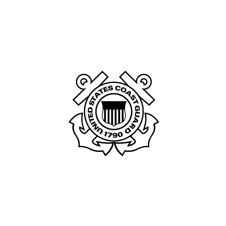 Engraving mark for US Coast Guard insignia. Features 2 crossed anchors in the background with a striped shield in the center. United States Coast Guard 1790 is printed in a circle around the shield.