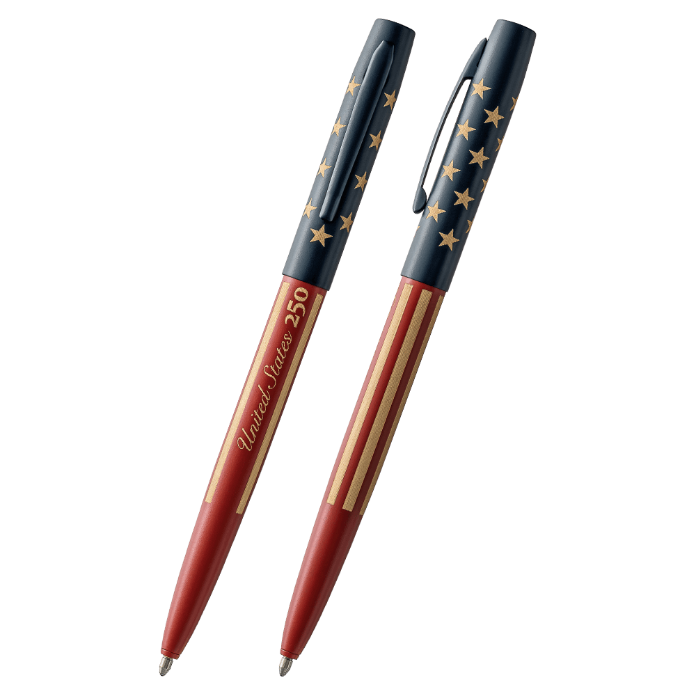 USMC Red and Elite Navy M4 Cap-o-matic Fisher Space Pen, United States 250. The lower barrel features a red Cerakote finish with gold stripes and 'United States 250' lettering, while the upper cap is Cerakote navy blue with gold stars.