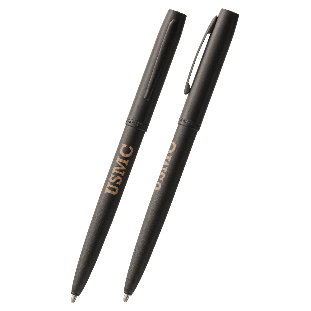 Matte black cap-o-matic space pen with engraving of USMC