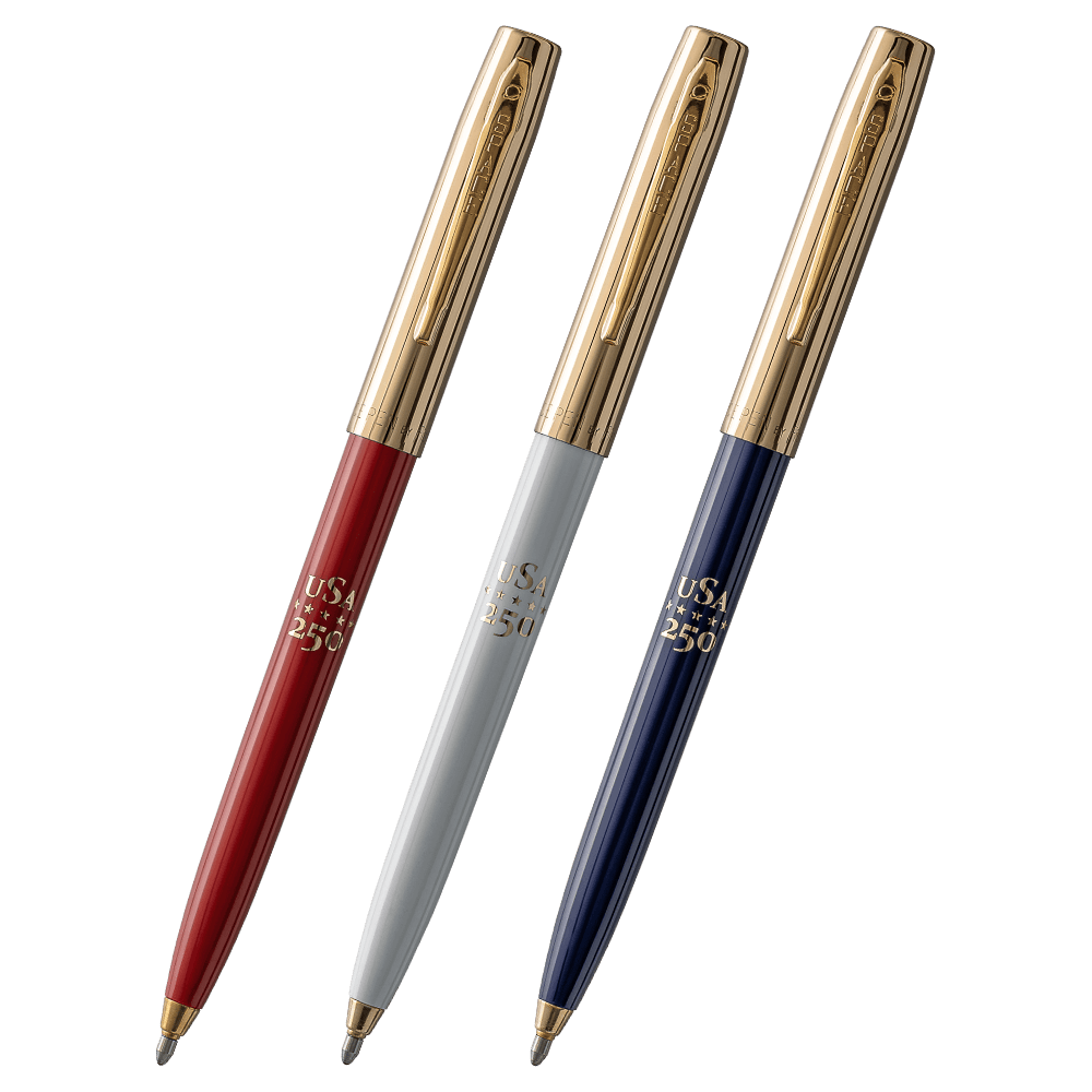 Fisher Space Pen America 250 Cap-o-Matic trio: Red, White, and Blue pens with gold hardware and \'USA 250'\ pad printing