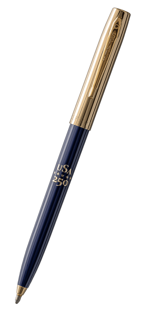 Blue Fisher Space Pen America 250 Cap-o-Matic with gold hardware and \'USA 250\' pad printing