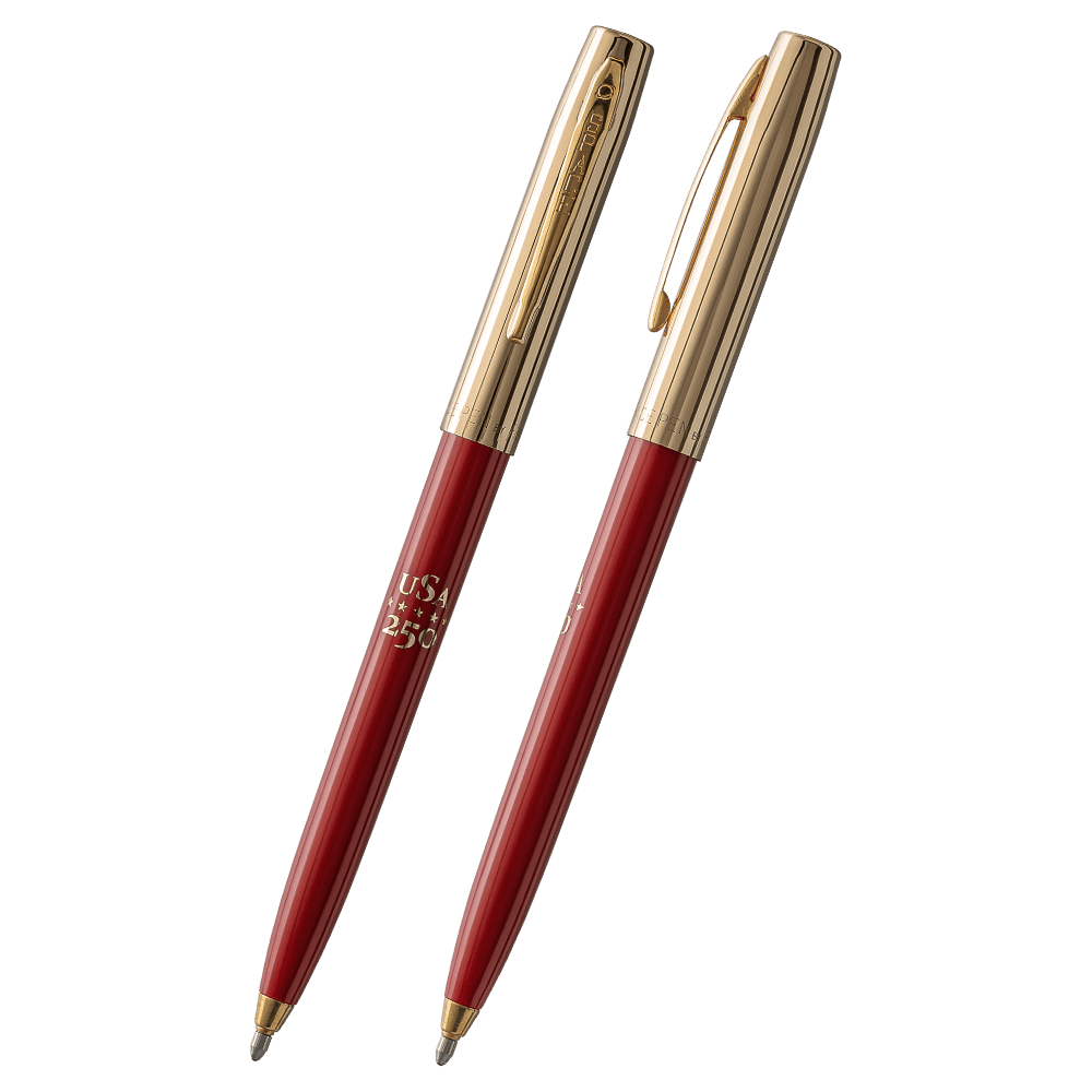 Red Fisher Space Pen America 250 Cap-o-Matic with gold hardware and \'USA 250\' pad printing