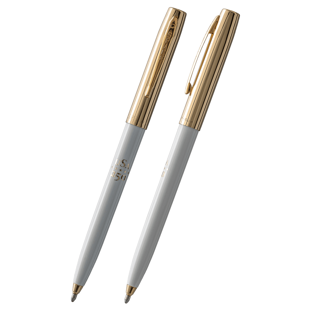 White Fisher Space Pen America 250 Cap-o-Matic with gold hardware and USA 250 pad printing