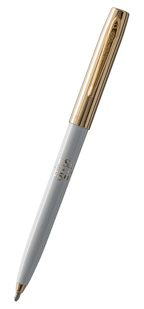 White Fisher Space Pen America 250 Cap-o-Matic with gold hardware and \'USA 250\' pad printing